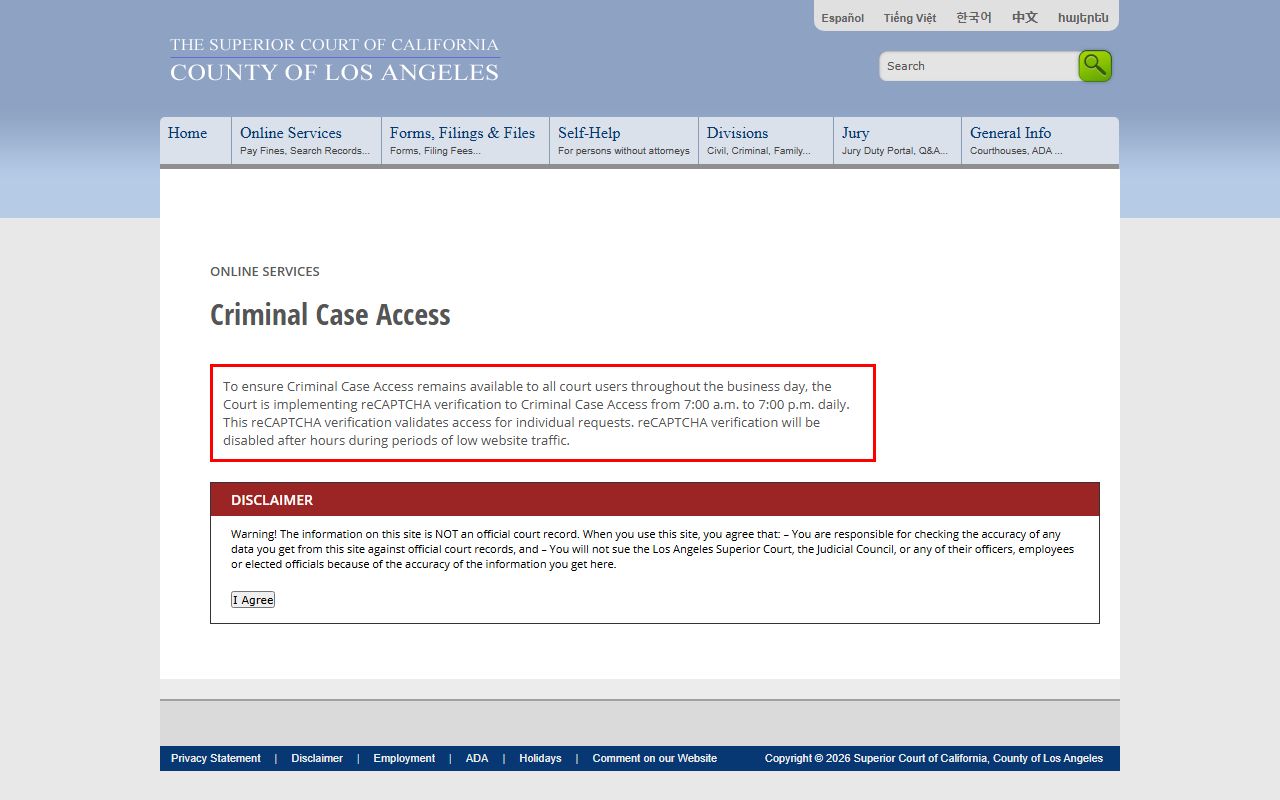 Los Angeles County criminal court records case summary portal