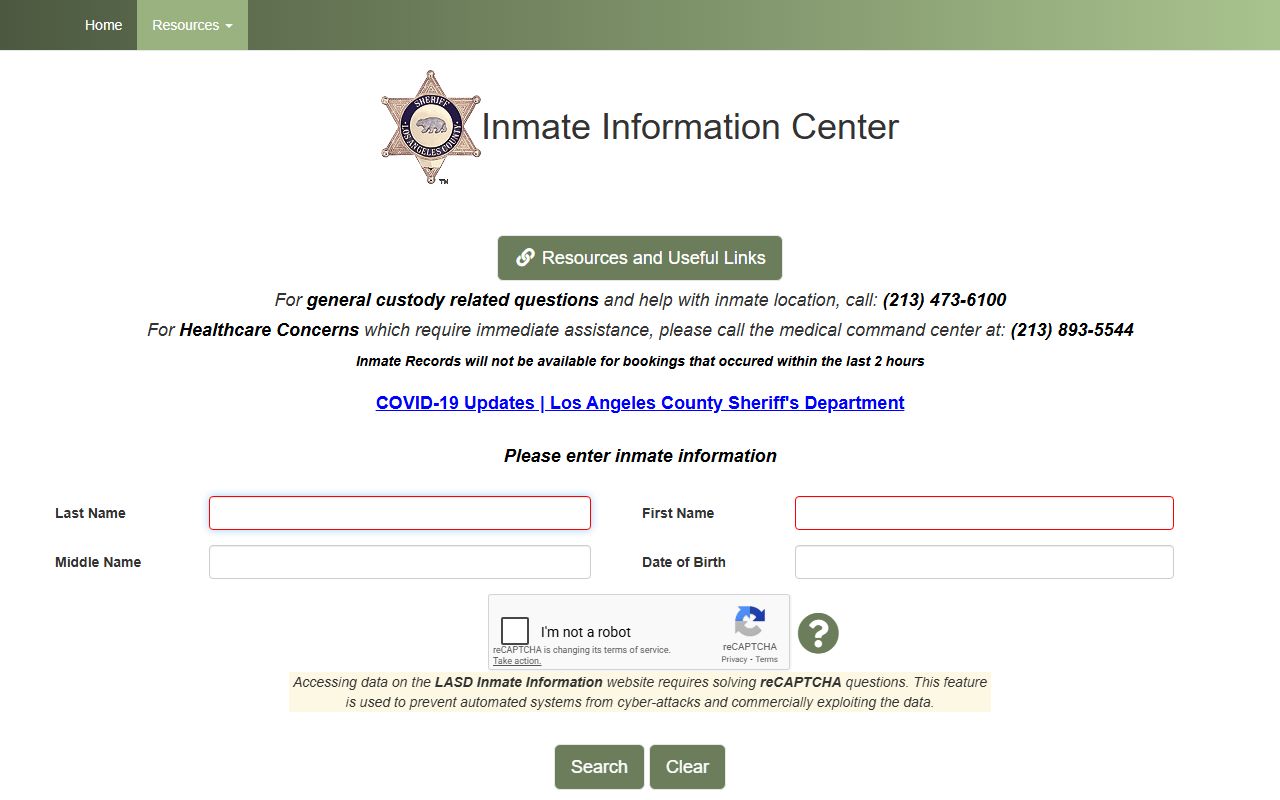 Los Angeles County Sheriff inmate information for criminal records