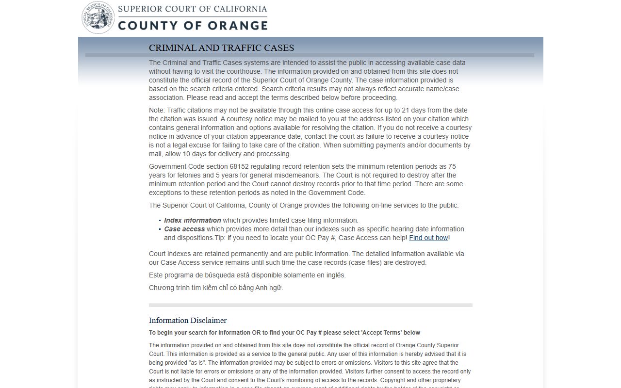 Orange County criminal court records Vision Public search portal