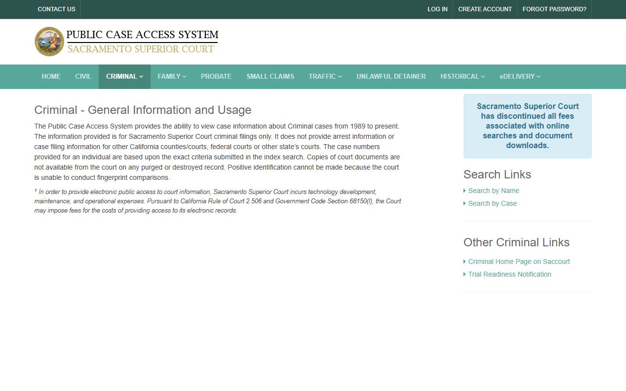 Sacramento County criminal court records free case access portal