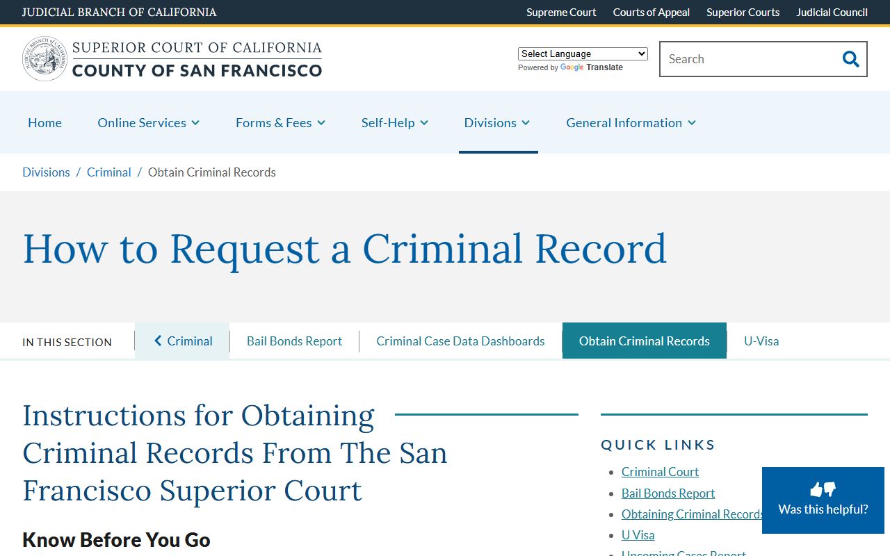 San Francisco County criminal court records information page from Superior Court