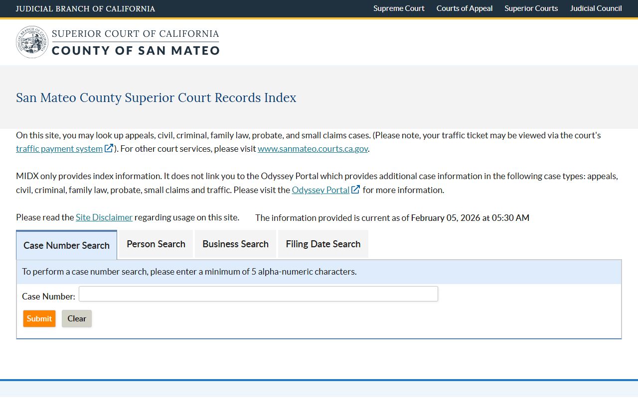 San Mateo criminal court records MIDX index search