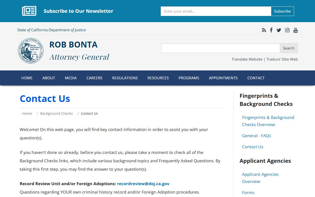 California DOJ contact directory for criminal record requests