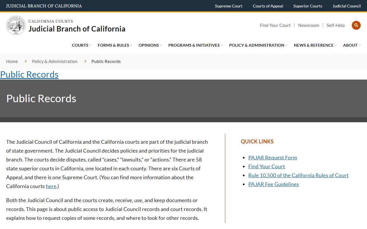 California Courts public records page for criminal court records