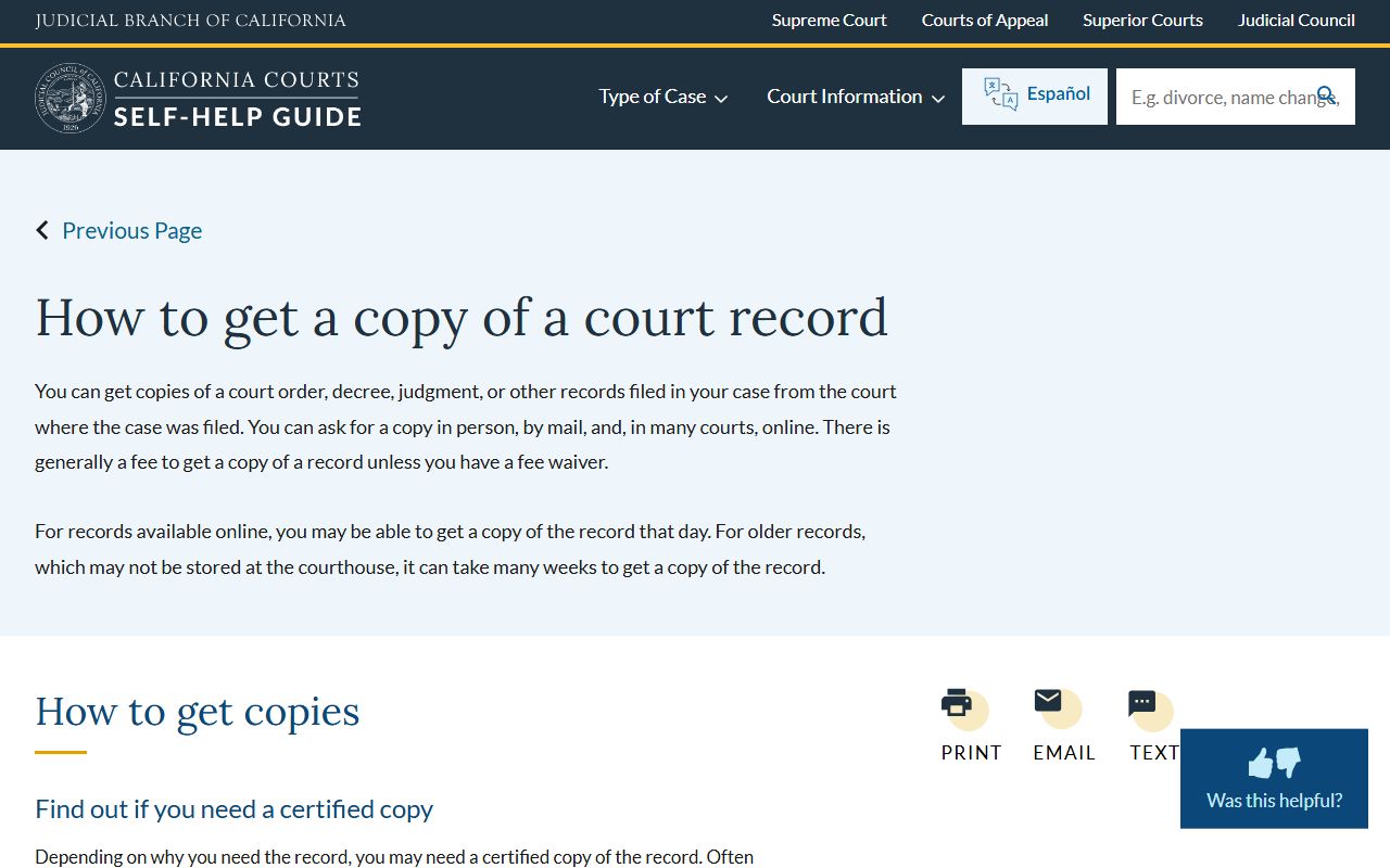 California self-help guide for getting criminal court record copies